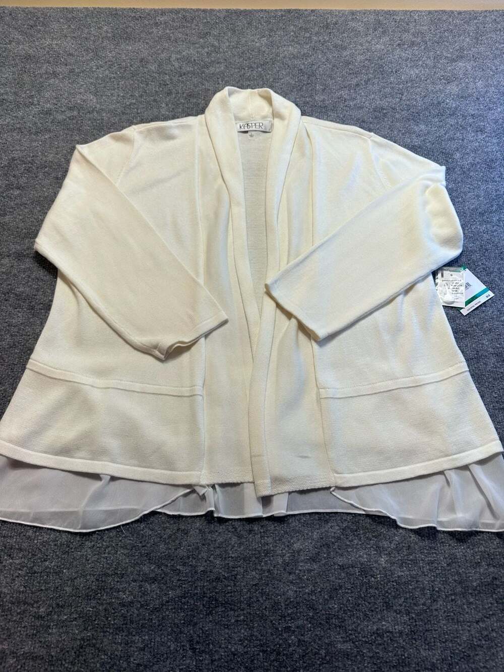 Kasper Women Large Elegant Cream Open Front Knit Cardigan Chiffon Layered Hem